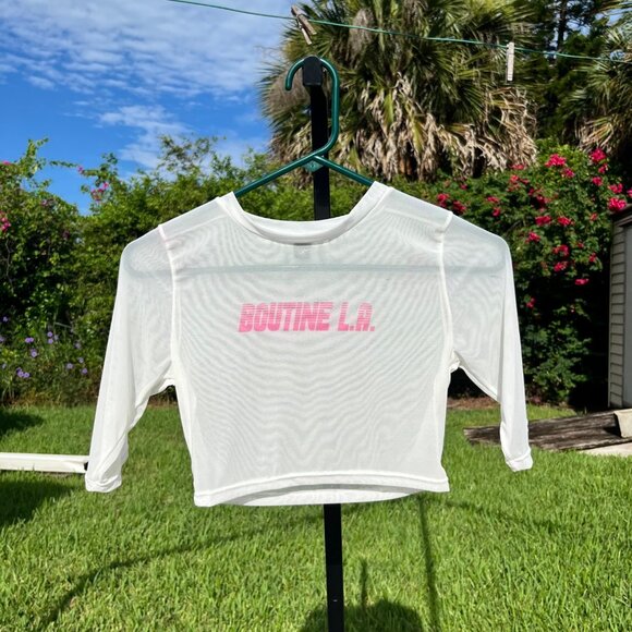 Boutine LA White Pink Logo Nylon Sheer Mesh Short Sleeve Crop Swim Cover Size M - Picture 1 of 8
